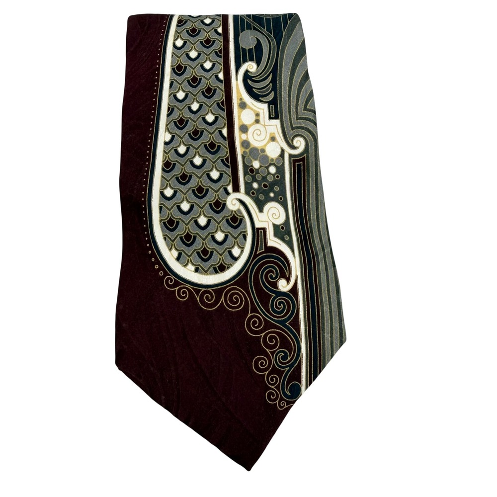 J.T. Beckett Mens Silk Necktie Burgundy Art Deco Geometric Abstract Vintage Tie